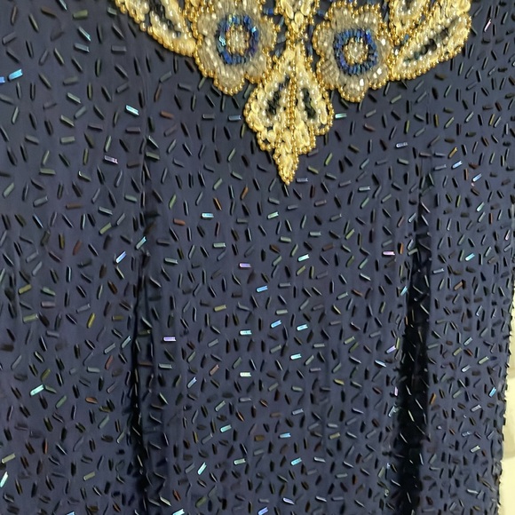 Landa 100% Silk Size 8 Navy Long Sleeve Sequined Gown - Picture 6 of 9